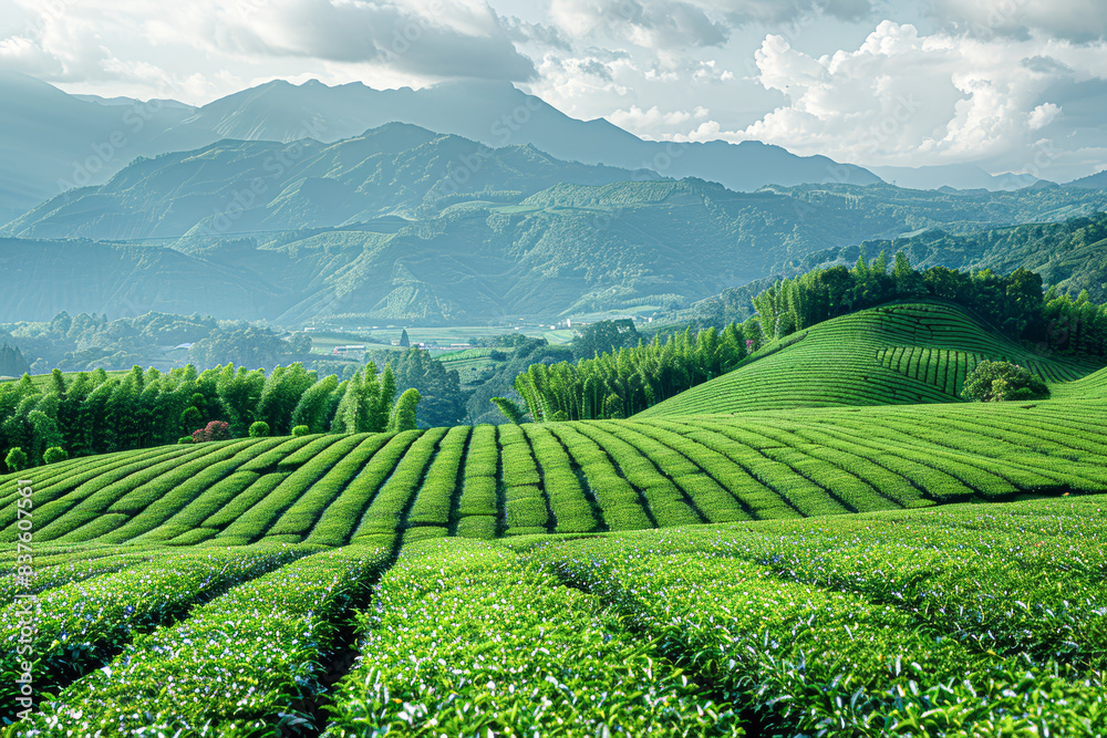 Serene Tea Farm Landscape with Green Rows of Crops and Copyspace Serene Tea Farm Landscape with Green Rows of Crops and Copyspace