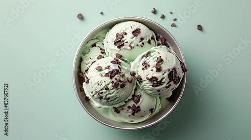 Delicious mint chocolate chip ice cream scoops in a bowl against a pastel green background  perfect for summer refreshments.