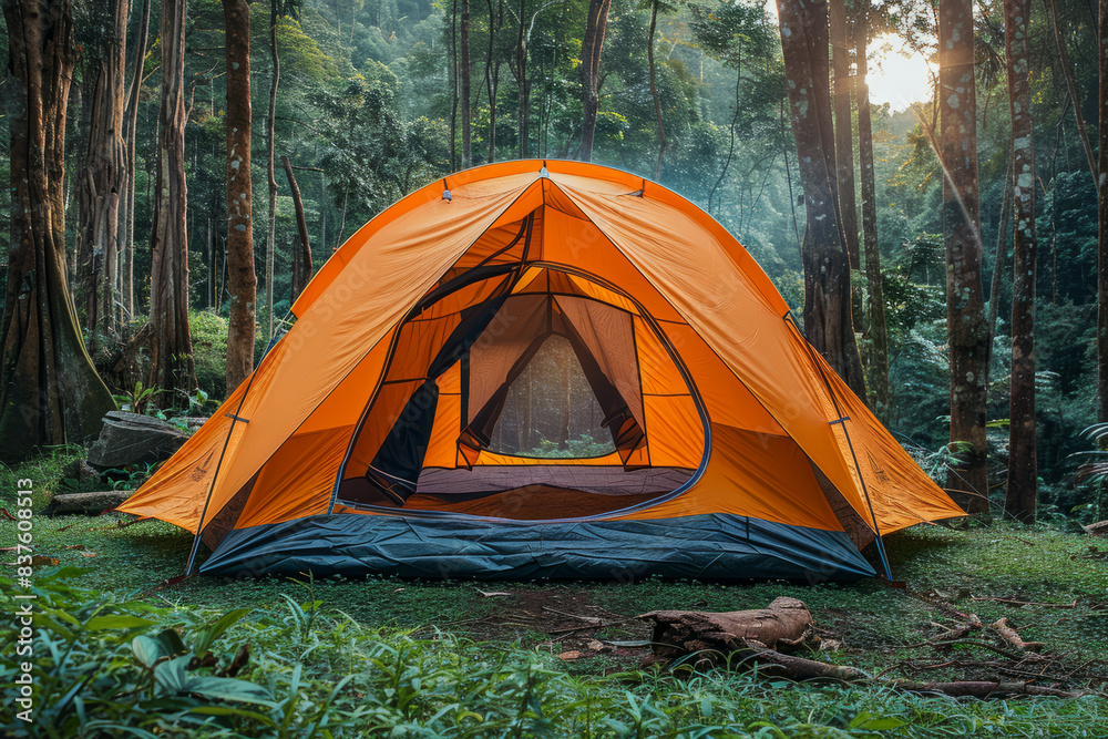 A vibrant orange camping tent set up in a picturesque outdoor location with lush green grass and trees.generative ai A vibrant orange camping tent set up in a picturesque outdoor location with lush green grass and trees.generative ai