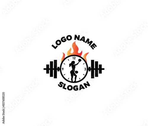 Vector illustration icon of a girl lifting a gym weight with kettlebell barbell, fire and clock logo