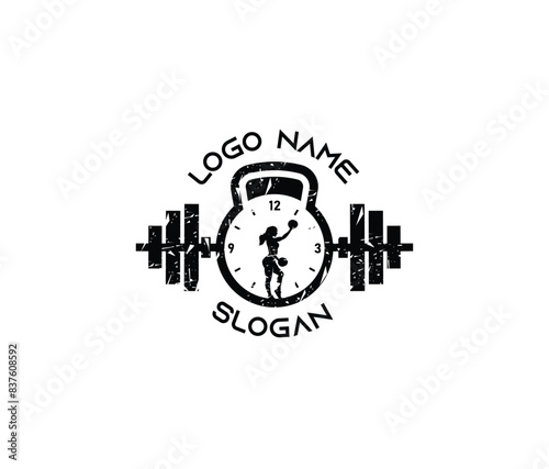 Badass woman Fitness Logo with kettlebell, barbell and clock. woman holding weights, Gym fitness sports logo
