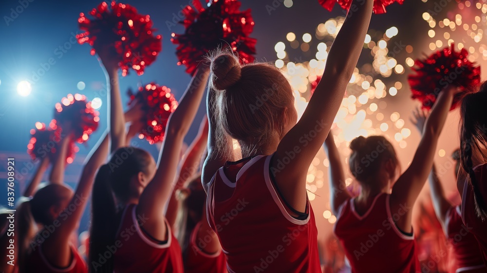 Back view of cheerleaders with raised pom-poms against a backdrop of bright stage lights