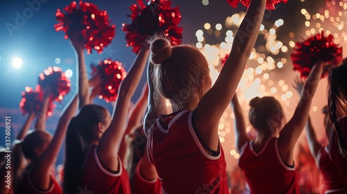Obraz na płótnie Back view of cheerleaders with raised pom-poms against a backdrop of bright stage lights w salonie