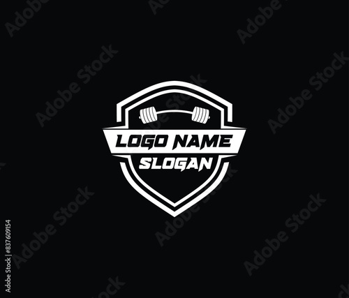 Fitness Gym Logo Design Vector with shield and barbell