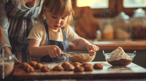A young child helps an adult in baking, focusing on measuring ingredients photo