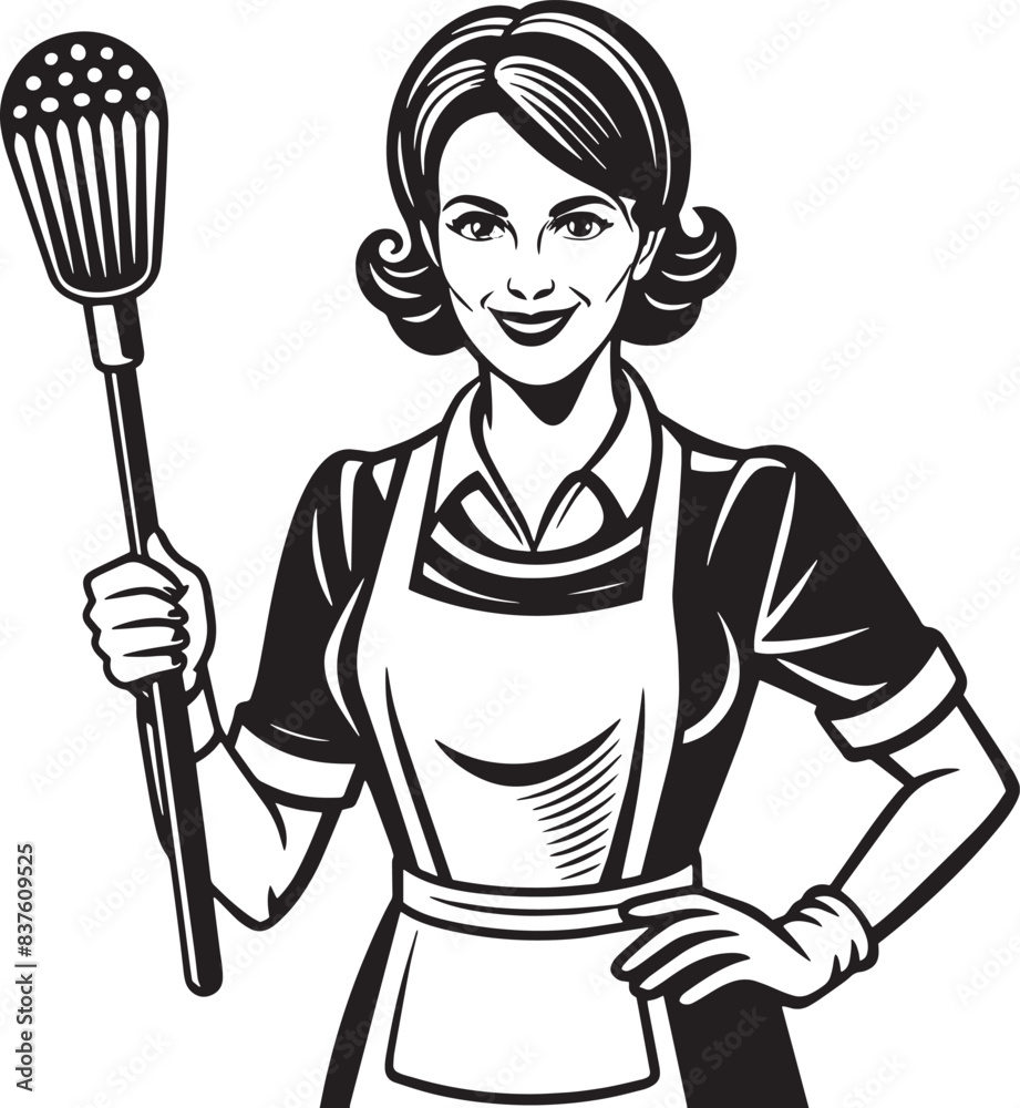 Women in the kitchen with a spoon illustration black and white Women in the kitchen with a spoon illustration black and white