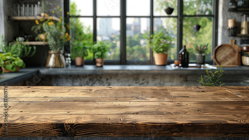 Wood table top on blurred kitchen background. can be used mock up for montage products display or design layout.generative ai
