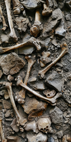 Scattered Assorted Human Vintage Dirty Bones For Background Created Using Artificial Intelligence