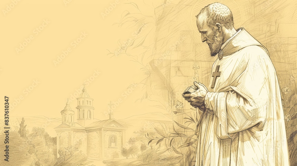 Fototapeta premium Saint Robert Bellarmine in deep prayer with a cross, serene church setting, piety and theological contributions. Biblical Illustration, Beige Background, copyspace.