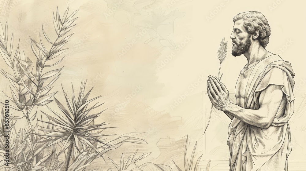 Saint Sebastian in deep prayer with a palm branch, symbolizing martyrdom. Serene garden setting, purity, devotion. Biblical Illustration, Beige Background, copyspace. Saint Sebastian in deep prayer with a palm branch, symbolizing martyrdom. Serene garden setting, purity, devotion. Biblical Illustration, Beige Background, copyspace.