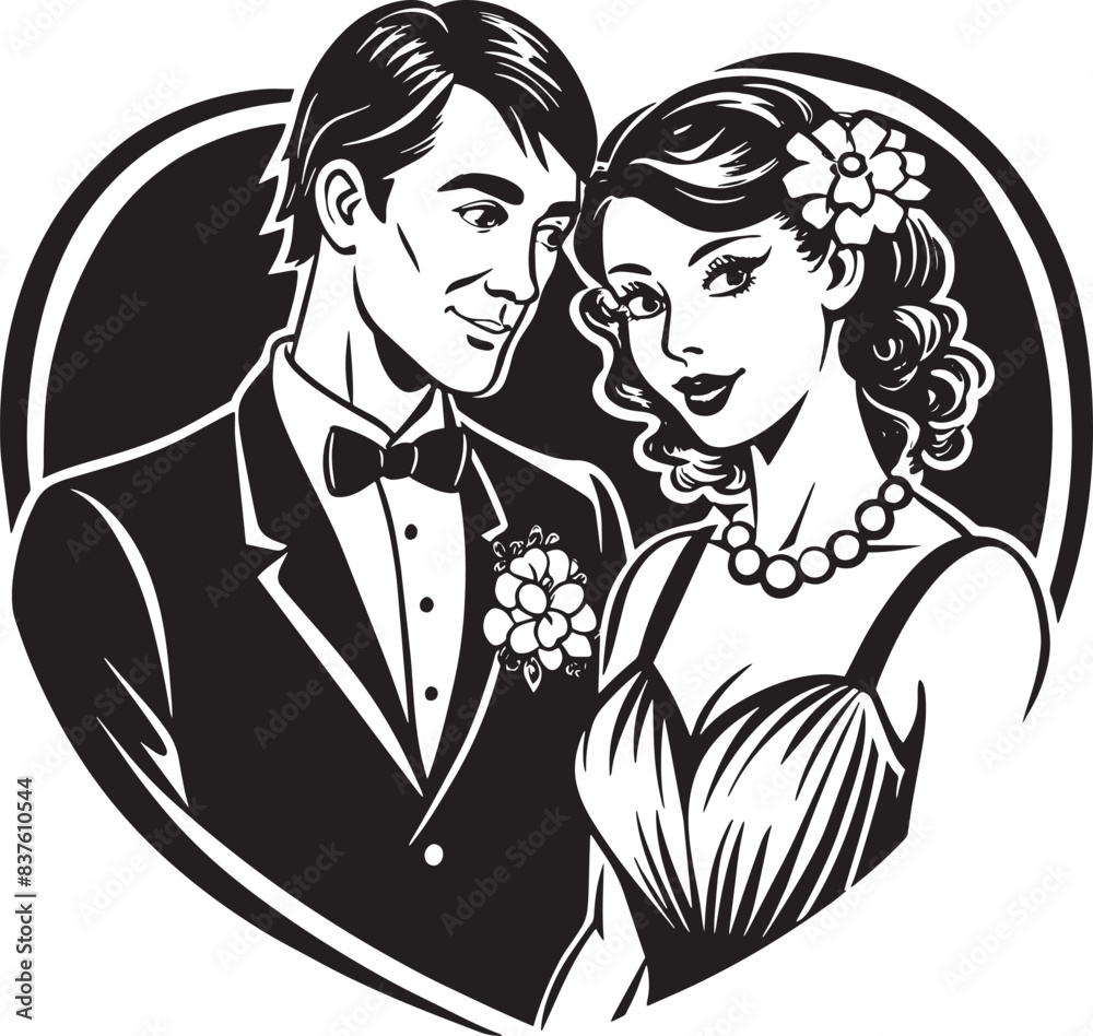 wedding couple with heart silhouette black and white illustration wedding couple with heart silhouette black and white illustration