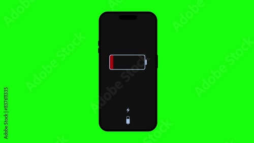 Realistic New Apple iPhone 14 is displayed with very low battery power indicator video on green screen. Low battery warning on mobile phone footage animation. Need to connect charger to smartphone