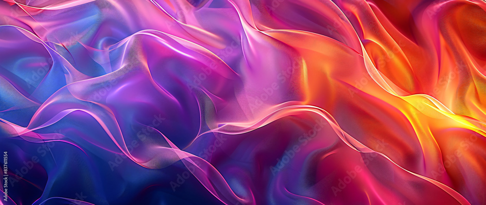 3D render of an abstract colorful background with glowing waves and swirls, flowing fabric in the style of purple blue red orange yellow colors