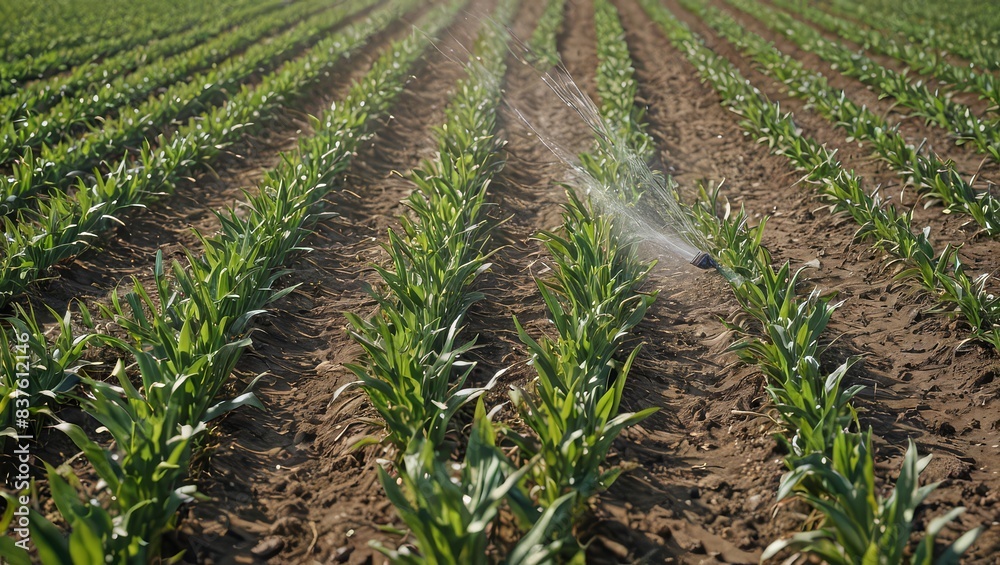 Naklejka premium Sprinkler Irrigation in a Field of Green Plants