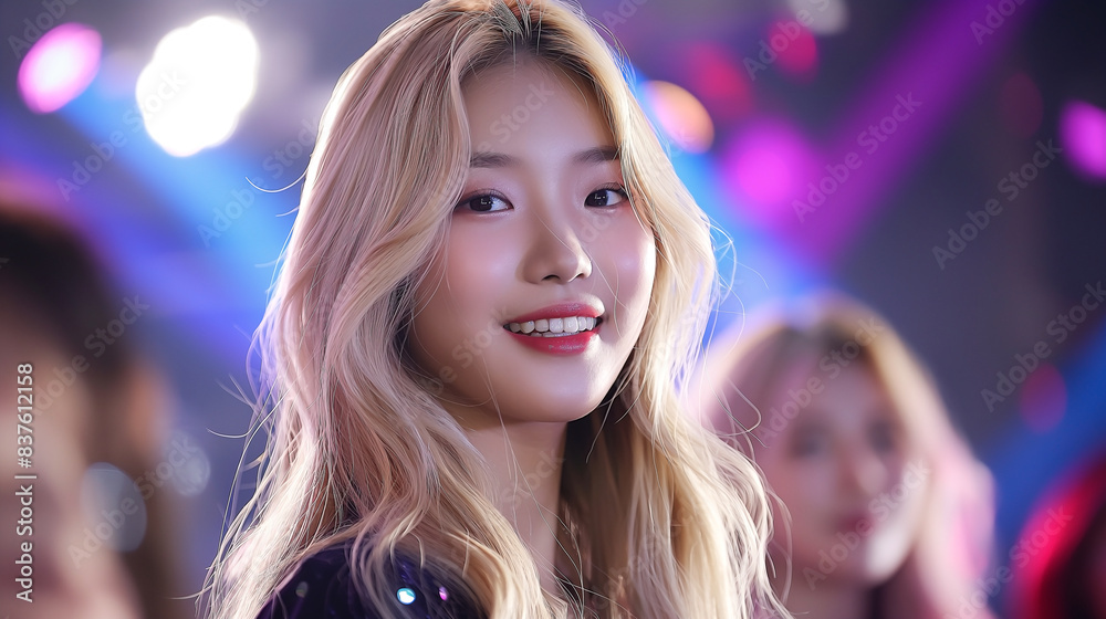 beauty wide shot of woman on a concert look at camera, with long shiny blonde hair beauty wide shot of woman on a concert look at camera, with long shiny blonde hair