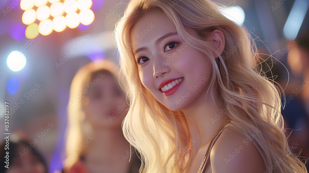 beauty wide shot of woman on a concert look at camera, with long shiny blonde hair beauty wide shot of woman on a concert look at camera, with long shiny blonde hair