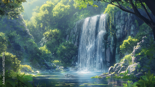 Pencil color art featuring a serene waterfall in an anime style  evoking a chill and relaxing atmosphere