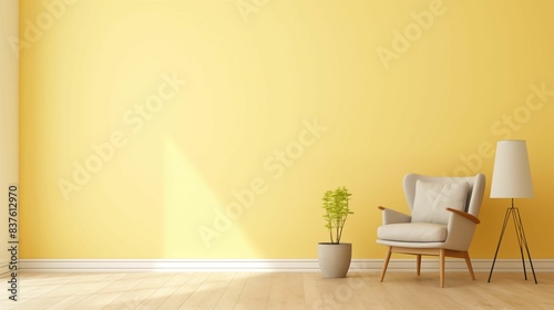 A yellow wall with a white chair and a lamp. Generative ai