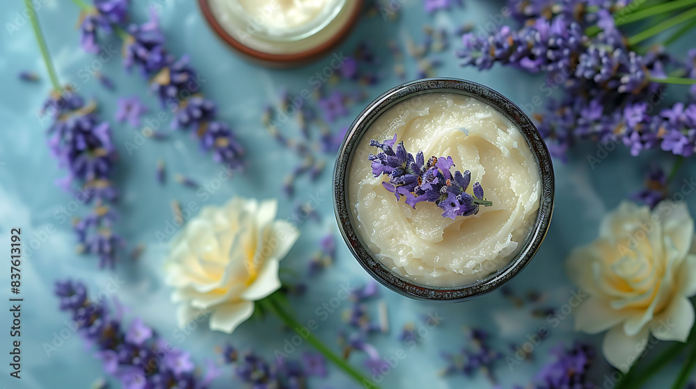 A flat lay of shea butter beauty products with lavender sprigs. A flat lay of shea butter beauty products with lavender sprigs.
