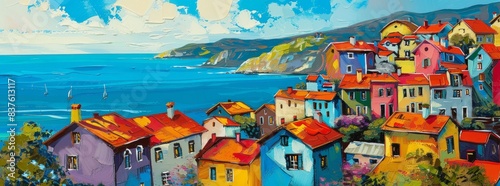 Colorful coastal town with houses painted in bright hues overlooking the sea generated by AI