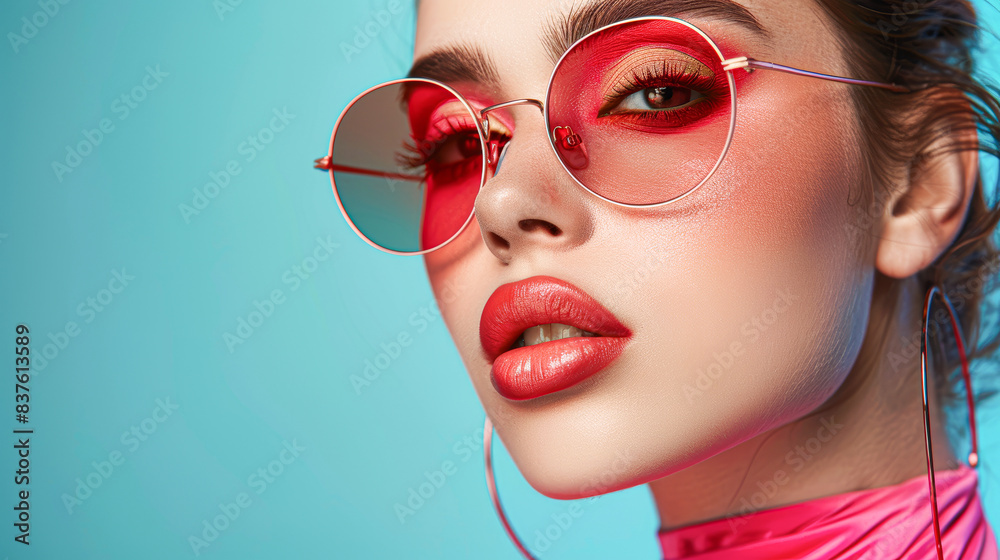 Stylish Woman in Vibrant Makeup and Trendy Sunglasses Poses for a Portrait Stylish Woman in Vibrant Makeup and Trendy Sunglasses Poses for a Portrait