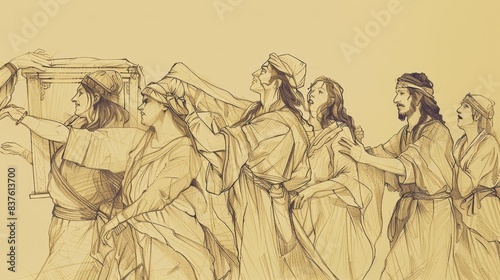 2 Samuel 6 Biblical Illustration: Ark to Jerusalem, Dancing, Music, Michal's Disdain - Beige Background with Copyspace for Inspirational Use photo