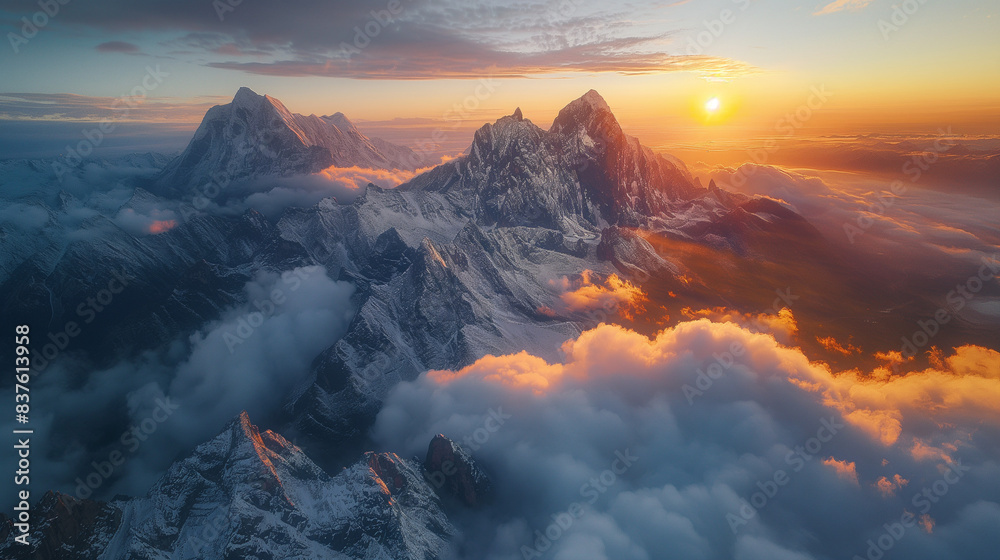Fototapeta premium Warm golden hues of the sunrise casting a gentle light on the mountains.