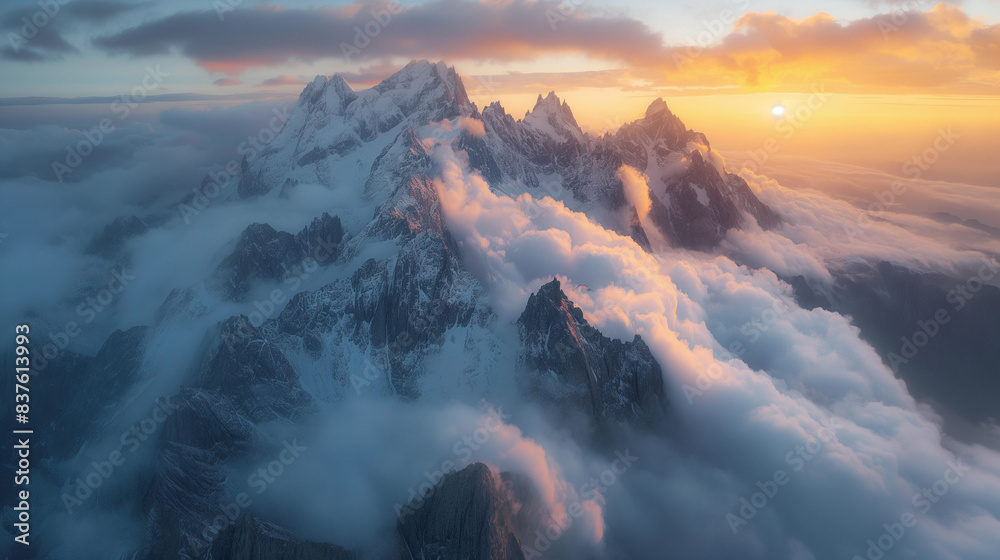 Naklejka premium Tall, cloud-capped peaks reaching towards the sky.