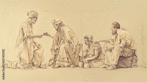 2 Kings 5 Biblical Illustration: Healing of Naaman, conversion to worship of the Lord, Gehazi's greed, leprosy, Beige Background, copyspace © T Studio
