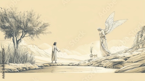 Genesis 16 Biblical Illustration: Hagar's Hardship, Angel's Encounter, Promise of Ishmael - Beige Background with Copyspace for Inspirational Use
