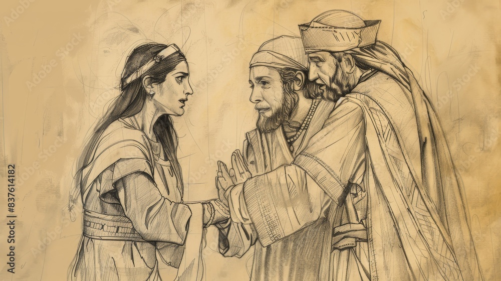 Fototapeta premium Esther 4 Biblical Illustration: Mordecai's Plea, Esther's Decision, Risk - Beige Background with Copyspace for Inspirational Use