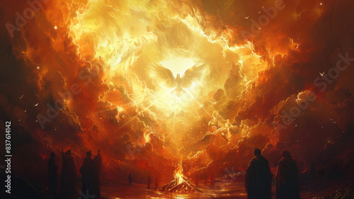 Pentecost. The descent of the Holy Spirit on the followers. People in front of a bright fire with white dove. Digital painting.generative ai
