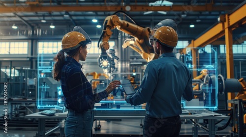 Engineers with a robot arm in factory