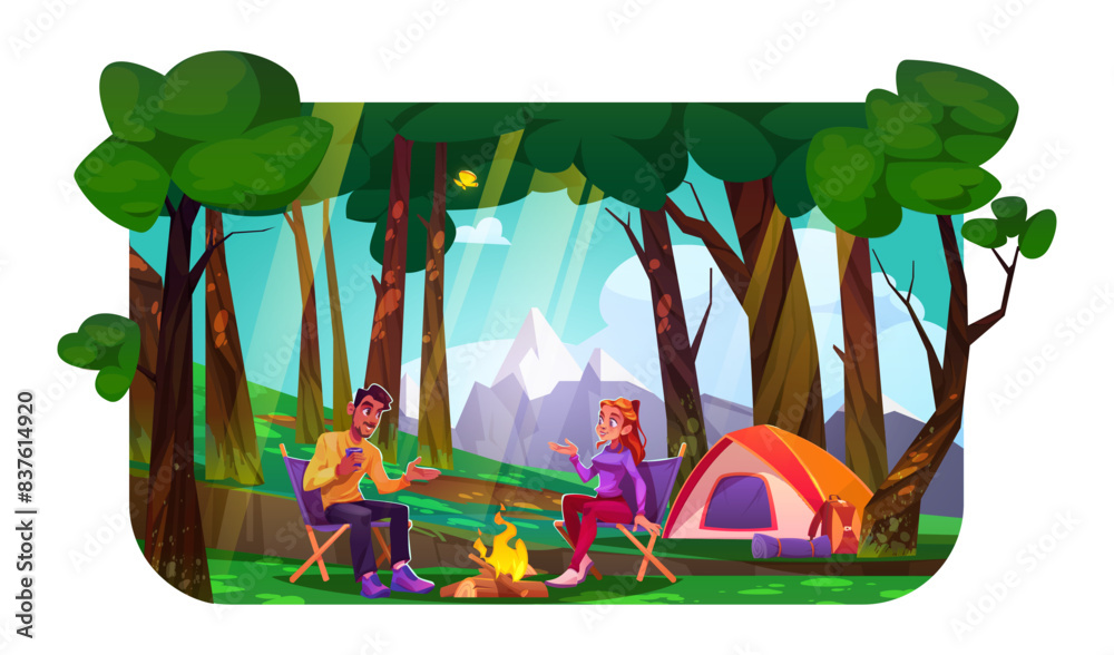 Camping time in forest at foot of mountains. Cartoon vector ...