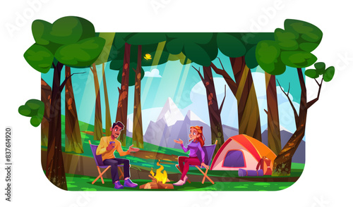 Camping time in forest at foot of mountains. Cartoon vector illustration of young couple sitting on chairs near bonfire and tent. Summer camper vacation or picnic with man and woman talking.