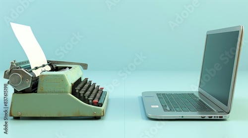 Wallpaper Mural Old vs New, Old or New. An old-fashioned typewriter and a sleek laptop sit side by side on a blue surface, representing the evolution of writing technology Torontodigital.ca