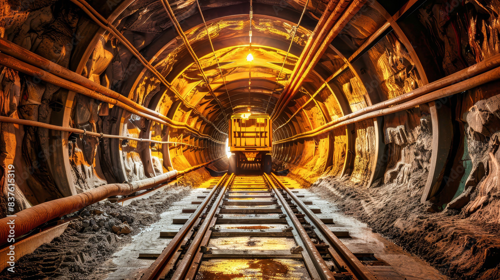 Obraz premium A lone ore cart travels along the tracks of a dusty mine tunnel, illuminated by a distant light source