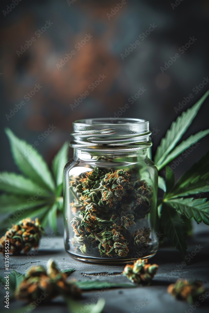 Glass jar filled with cannabis buds, leaves scattered around Soft lighting, closeup, minimalistic background Glass jar filled with cannabis buds, leaves scattered around Soft lighting, closeup, minimalistic background
