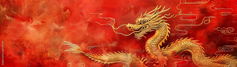 A golden dragon winds its way through a sea of red clouds A golden dragon winds its way through a sea of red clouds