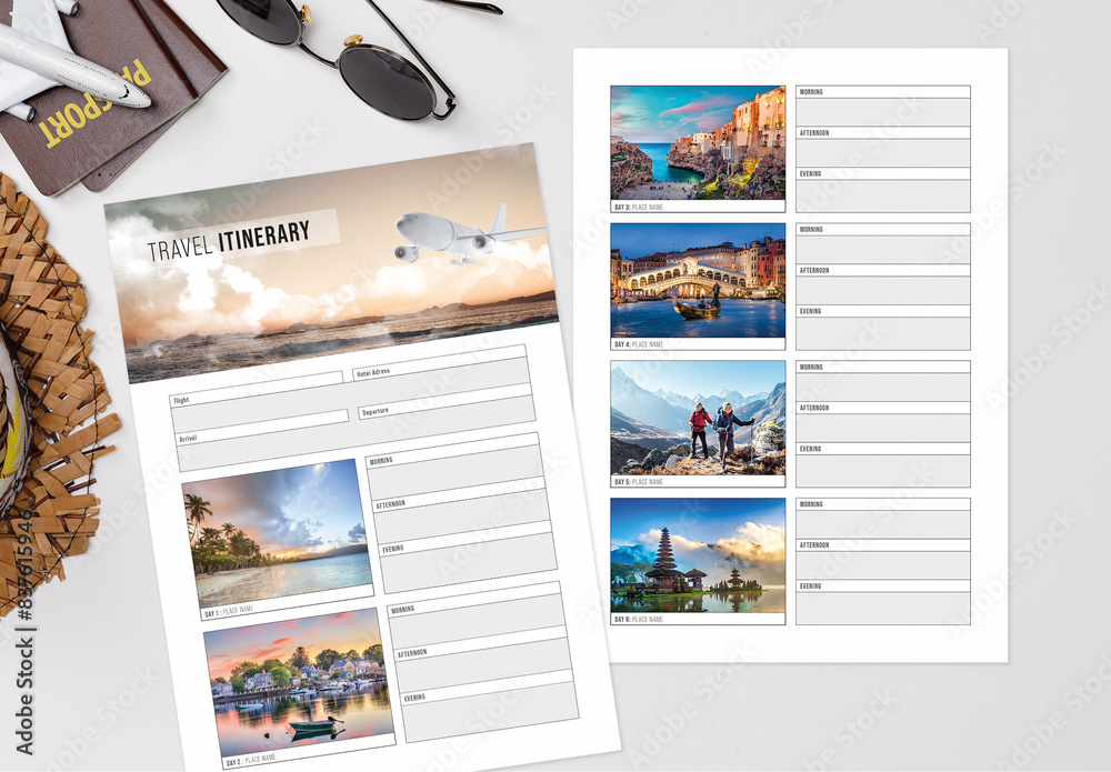 Image showcasing Minimal Style Travel Itinerary Print Set Stock Template | Adobe Stock