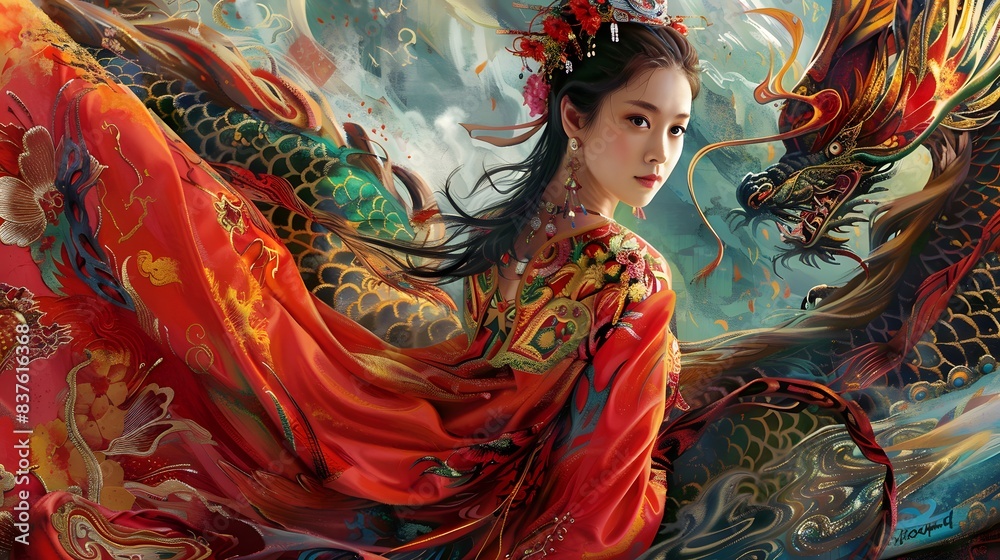 Fototapeta premium Beautiful woman in the traditional Chinese colorful cloth in Chinese new year festival