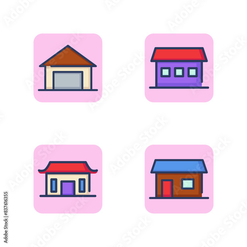 Houses and extensions line icon set. Garage with automatic gate, traditional Asian home, private house, building with door. Multi-colored private house concept. Vector illustration for web design app