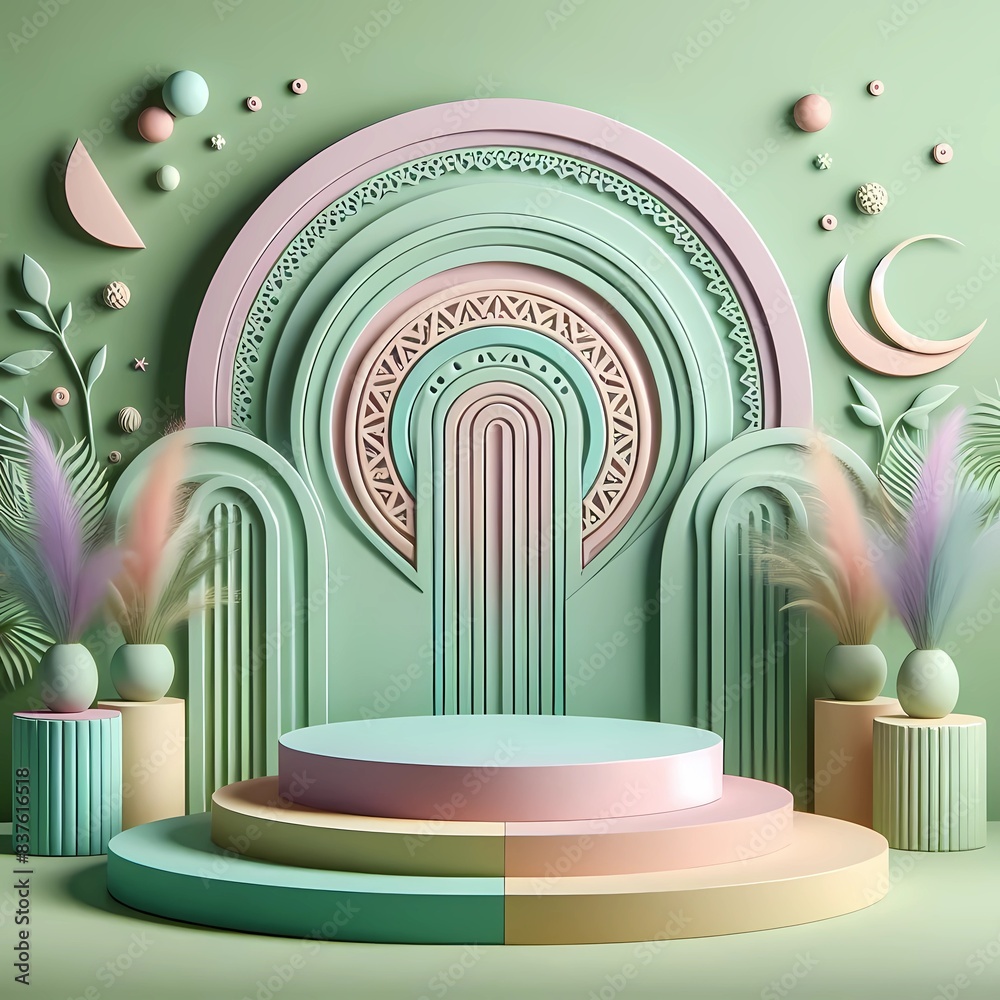 Fototapeta premium matte green pastel pedestal with decorations