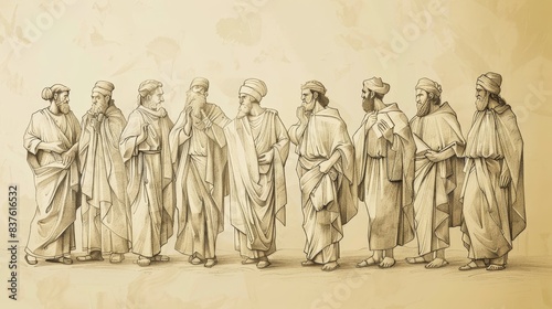 2 Chronicles 34 Biblical Illustration: Josiah's reign, early reforms, discovery of Book of the Law, Passover celebration, Beige Background, copyspace