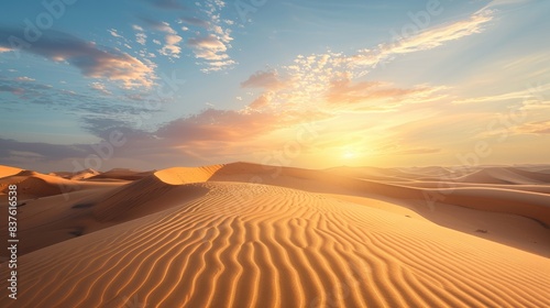 Peaceful desert landscape at sunset with smooth sand dunes and warm golden light 