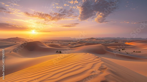 Peaceful desert landscape at sunset with smooth sand dunes and warm golden light 