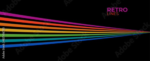 Linear vector abstract background in all colors of rainbow, retro style lines in 3D dimensional perspective. Retro Colors from the 1970s 1980s, 70s, 80s, 90s. vector illustration