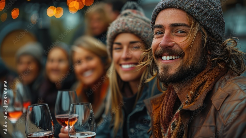 Group of friends enjoying wine outdoors in a cozy setting, wearing warm clothing and smiling during a social gathering in autumn. Group of friends enjoying wine outdoors in a cozy setting, wearing warm clothing and smiling during a social gathering in autumn.