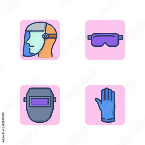 Safety workwear and protective equipment icon set. Protective plastic face mask, eye mask, gloves, welding mask. Workwear protect hands and face damage concept. Vector illustration web design app