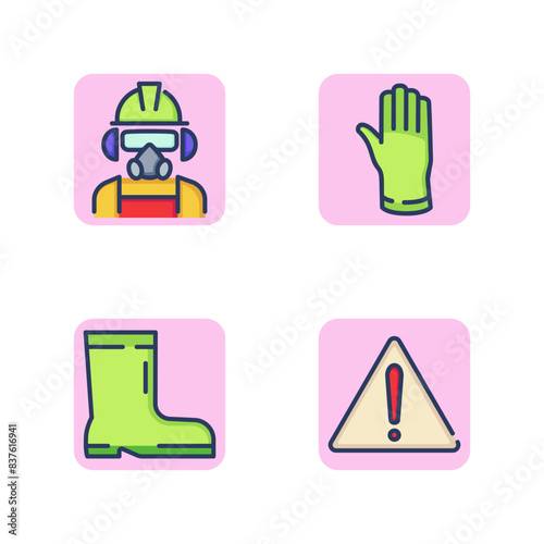 Safety workwear and protective equipment icons set. Worker in respirator, protective gloves, safety boots, danger sign. Workwear and protection concept. Vector illustration for web design and app